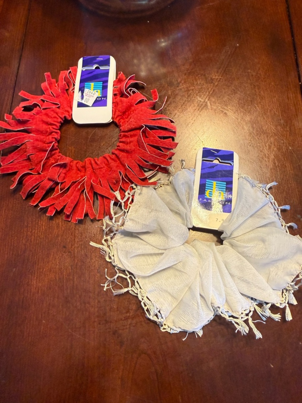 Dead stock 90’s Red Suede Fringe Scrunchie & Cream Tassel Scrunchie Set